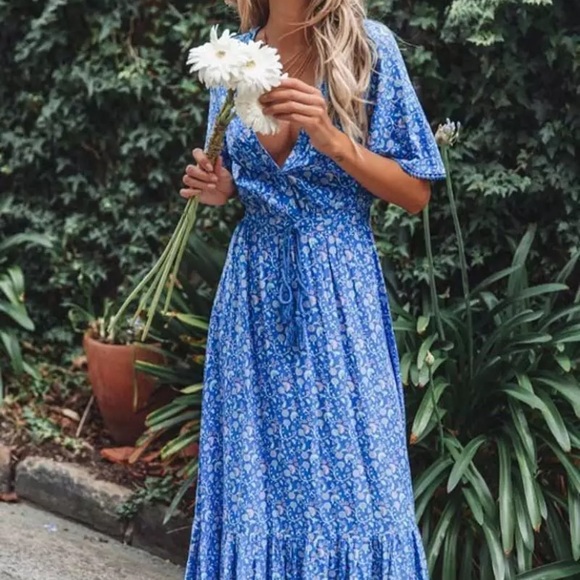 Blue Bohemian Gypsy Floral Short Sleeve V-Neck Long Casual Maxi Dress - Picture 4 of 6